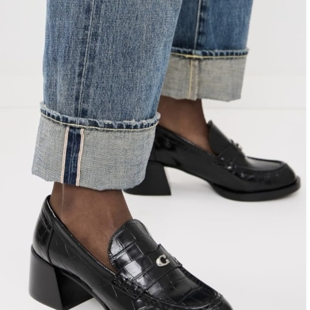 Coach Black Croc-Embossed Leather Block Heel Loafers